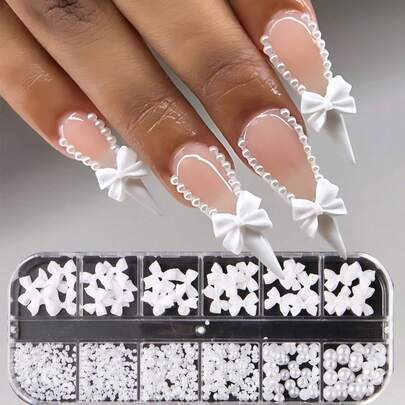 12格/盒装白色混合蝴蝶结丝带珍珠美甲树脂饰品蝴蝶结珍珠美甲水钻首饰DIY美甲配件