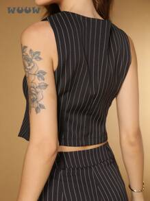 WUUW Women Striped Formal Business Suit Set With Single Button Vest And Trousers, Casual Office Wear For Ladies - màu đen - Xem 4