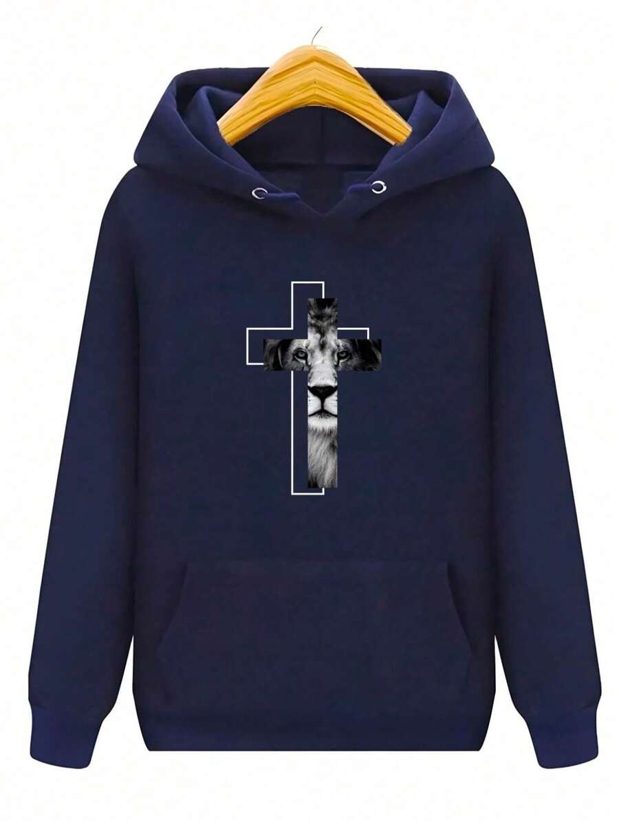 Blusa de Frio Plus Size Leão de Judá Casaco Moletom Canguru G1 AO G5 - Azul Marinho - Visão 1