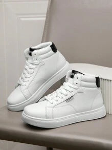 女士新款休闲高帮系带皮革面板运动鞋，时尚户外舒适潮流中性大码情侣运动鞋 - 白黑 - 查看 5