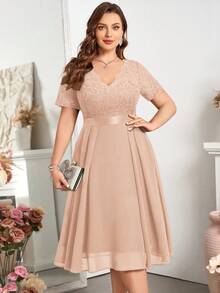 Plus Floral Lace V-Neck Ruffle Trim Chiffon A-Line Hem Semi Formal Party Swing Dress - Champagne - View 6