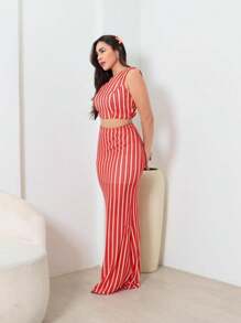 Elegant Women's Set Cropped Mule Slip And High Waist Skirt With Overlay - Summer - Đỏ - Xem 4