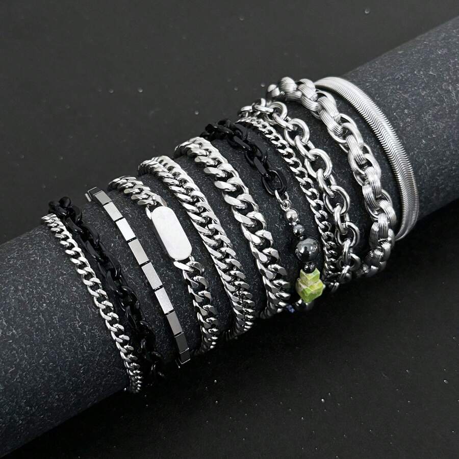 时尚不锈钢男士链手链，适合日常佩戴和送礼 - 圣诞节、新年、情人节假期 - 銀色 - 查看 1