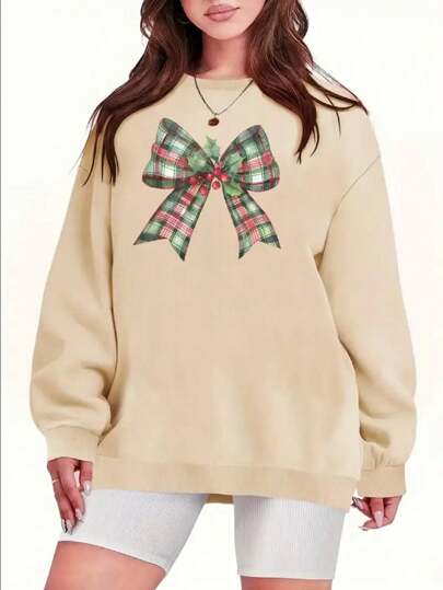 Damen Langarm Pullover Hoodie mit Weihnachts-Schleifen-Design