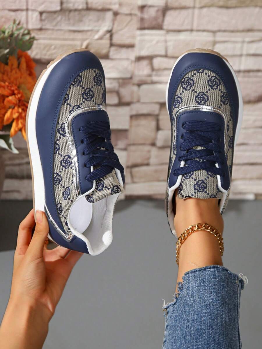 Damen Patchwork bestickte atmungsaktive Rundkopf Flache Multifunktions Mode Lässig Sportschuhe, Gummisohle rutschfest verschleißfest leicht Laufschuhe, Patchwork Schuhe, bequeme flache Lässig Schuhe für Frühling/Herbst