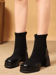 Fashionable And Elegant Square Toe Thick Heel Booties For Spring And Autumn, 2024 New Arrival,Party Outfits - Black - View 5