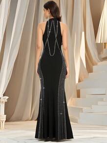 NIKBK 女士优雅纯色露背闪亮装饰水钻紧身鸡尾酒会礼服长款晚礼服前开衩 - 黑色 - 查看 7