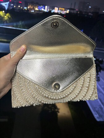 Faux Pearl Glittery Rhinestone Decorated Evening Bag, Rhinestone Embellished Envelope Clutch Handbag With Chain Strap, Fashion Party Purse, Elegant Prom Bag, Elegant Pearl Bag