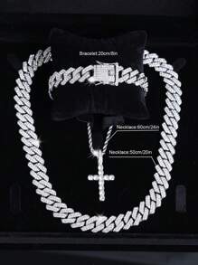 3pcs Hip Hop Fashion Jewelry Set, Stainless Steel Men's Cross Necklace With Layered Cuban Link Chain,Chains Iced Out Bracelet ,Perfect Gift For Men And Women
