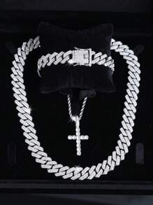 3pcs Hip Hop Fashion Jewelry Set, Stainless Steel Men's Cross Necklace With Layered Cuban Link Chain,Chains Iced Out Bracelet ,Perfect Gift For Men And Women