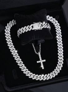 3pcs Hip Hop Fashion Jewelry Set, Stainless Steel Men's Cross Necklace With Layered Cuban Link Chain,Chains Iced Out Bracelet ,Perfect Gift For Men And Women