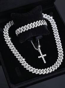 3pcs Hip Hop Fashion Jewelry Set, Stainless Steel Men's Cross Necklace With Layered Cuban Link Chain,Chains Iced Out Bracelet ,Perfect Gift For Men And Women
