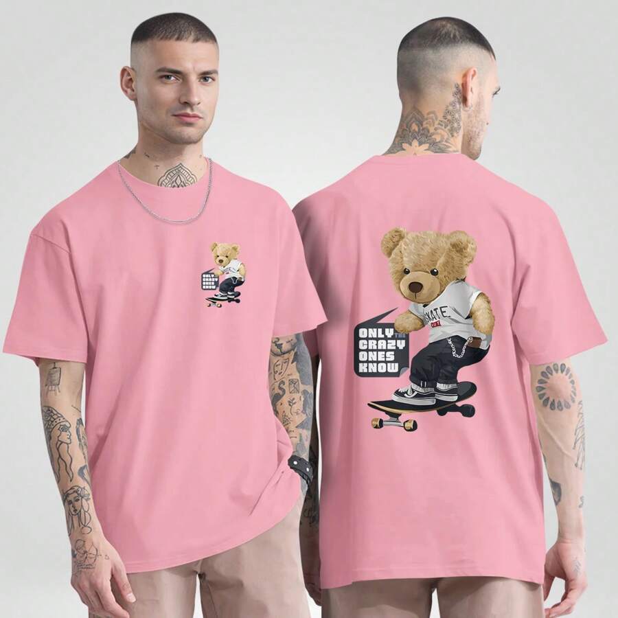Skater Bear T-Shirt Crazy STREETWEAR Men's Casual Skate Shirt Front And Back - 淺粉色 - 查看 1