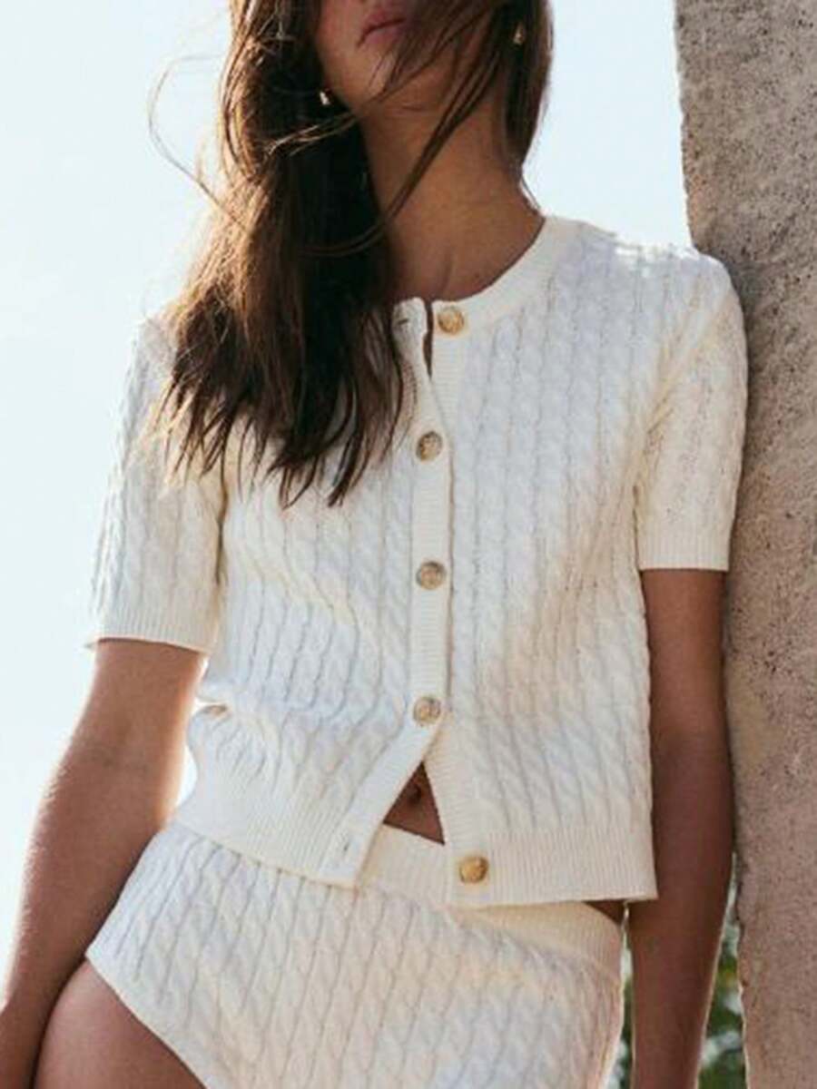 Women's Cable Knit Cardigan Solid Color Round Neck Short Sleeve Button-Front Closure Crop Sweaters - White - View 1