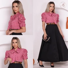 Women's Casual Blouse Short Sleeve Plain And Polka Dot Social Elegant Stylish Evangelical Fashion - 圓點粉紅色 - 查看 1