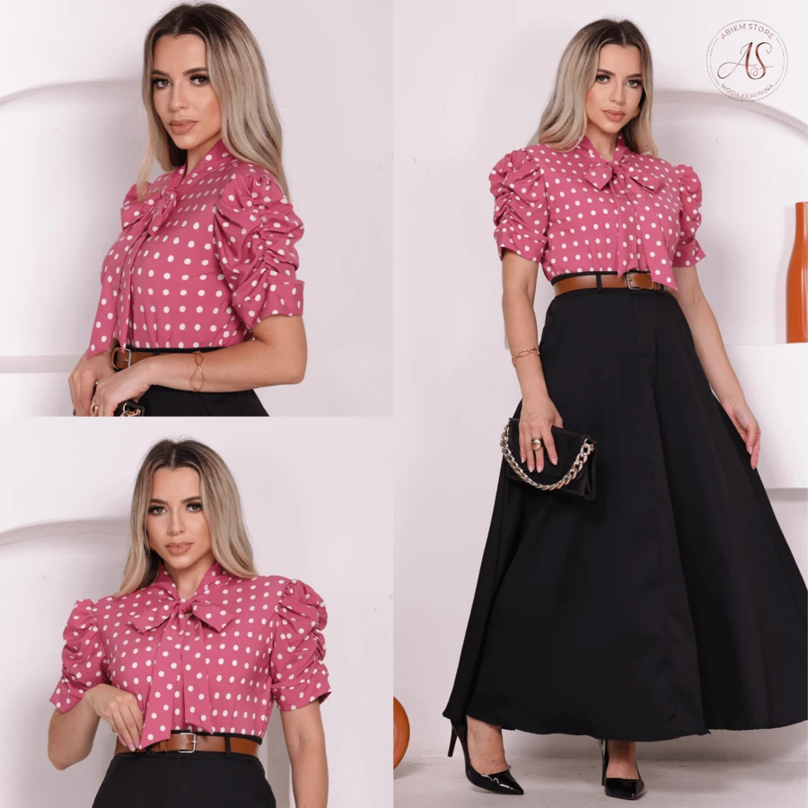Women's Casual Blouse Short Sleeve Plain And Polka Dot Social Elegant Stylish Evangelical Fashion - 圓點粉紅色 - 查看 1