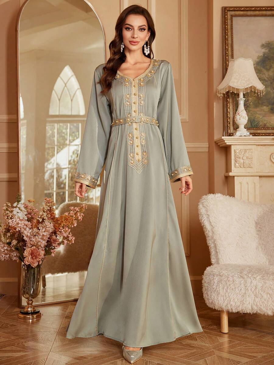 Váy Ả Rập dài tay cổ chữ V đính sequin lấp lánh giả ngọc trai siêu dài cho nữ