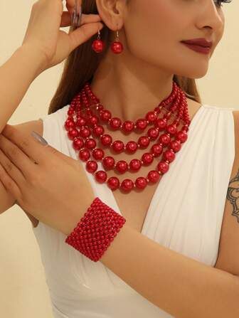 手工制作的多层串珠波西米亚风格珠宝套装包括项链、耳环和手链