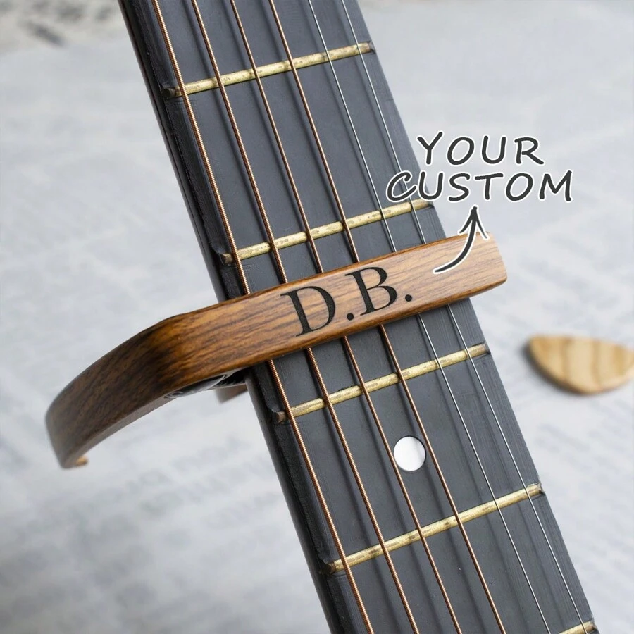 Personalized Metal Guitar Capo With Wood Grain Custom Message Engraved Guitar Pick Birthday Gift Fathers Days Gift For Guitarists, Valentine's Day, Valentine's Day Decor Gifts Graduation - Coffee Brown - View 1