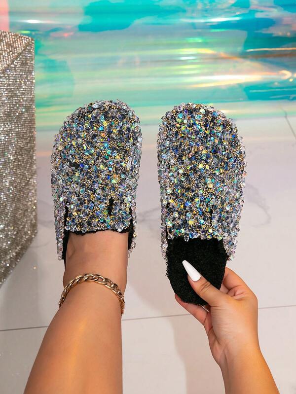 roulvxiang ROULVXIANG New Hot-Selling Slip-On Mules Flats, Casual Home/Beach Wear Diamond Glitter Slipper Sandals, Waterproof Thick Bottom Ladies Flat Shoes