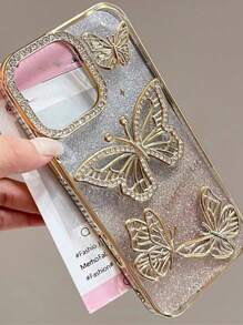 Korean Ins Electroplated Silicone Phone Case Compatible With Iphone 16 Pro Max, 17/17 Pro/17 Pro Max, 3D Rhinestone Butterfly Design, Soft Full Coverage Case Compatible With Iphone 14 Pro, 13, 12, S25 Waterproof Shockproof Anti-Fall Scratch Resistant - Gold - View 3