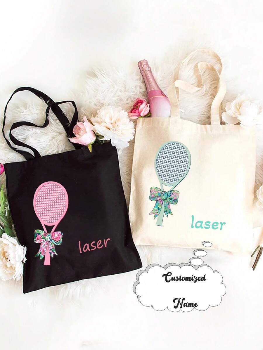 Customized Tennis Style Pattern Text Personalized Tennis Handbag, Customized Tennis Handbag, Tennis Sports Gift, Personalized Tennis Bag, Tennis Love Bag, Tennis Gift Canvas Bag Shoulder Bag Student Handbag Casual Canvas Bag Large Capacity Shoulder Bag Shopping Bag, Suitable For Shopping, Dating, Vacation, Travel, Festivals, Parties, Gifts, Suitable For Women, Mothers, Teachers, Nurses, Etc - Multicolor - View 1