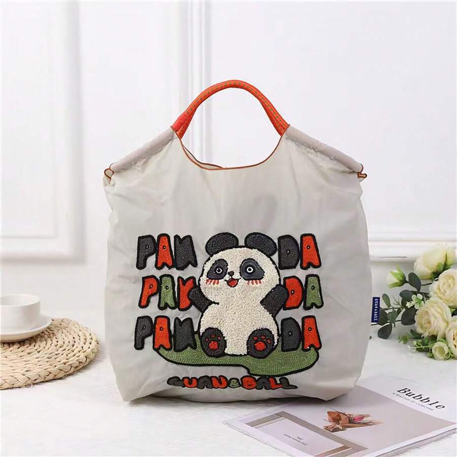 全新时尚百搭熊猫刺绣针织大容量可折叠女士单肩托特包手提包 - 淺灰色 - 查看 1