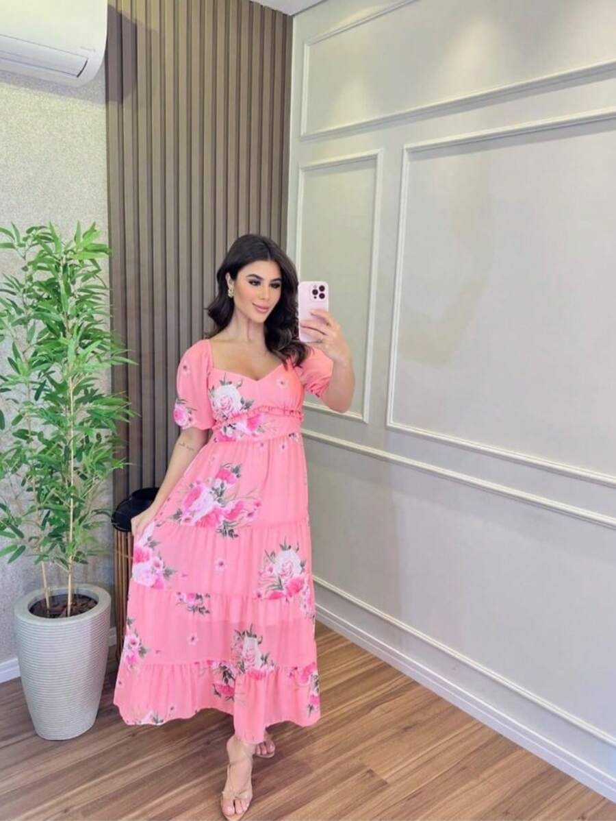 Women's Midi Dress Short Sleeve Delicate Floral Loose Modest Princess Dress - Màu Hồng baby - Xem 1