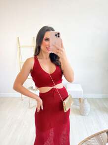 Women's Long Dress With Slit Midi Knit With Lurex Elegant Party - Đỏ - Xem 4