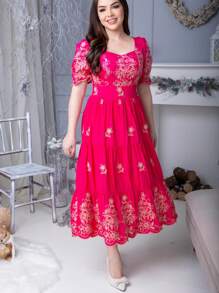 Lese Elegant Embroidered Cotton Short Sleeve Midi Dress - Màu Hồng Tươi - Xem 2