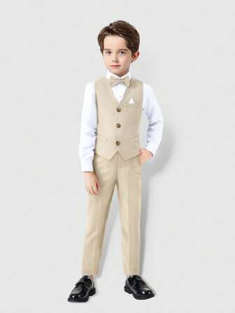 2024 Nytt 4-delat set för pojkar: Vit skjorta, grön väst, byxor, fluga, barnkläder för skolstart, formell herrkostym för högtider