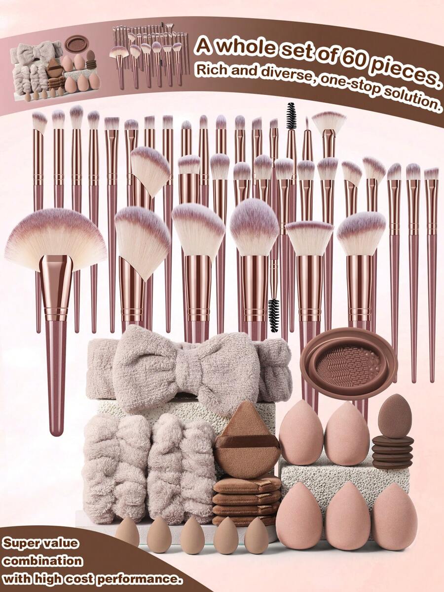 60PCS Makeup Tools Set Including:36PCS Makeup Brush Set+5PCS Makeup Sponges+5PCS Mini Makeup Sponges+5PCS Triangle Powder Puffs+5PCS Mini Air Cushion Powder Puffs+1pc Hairband+2PCS Hand Bowl Strap+1pc Makeup Brush Cleaning Tools - 彩色 - 查看 1