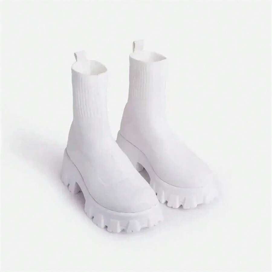 Women Boots White Platform Boots For Winter Autumn Botas Femininas Socks Ankle Boots Platform Shoes Women Heels - 白色 - 查看 1