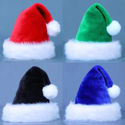 1pc Christmas Red, Blue, Green, Black Adult Santa Claus Long Plush Hat, Holiday Party Dress Up Fuzzy Ball Cap
