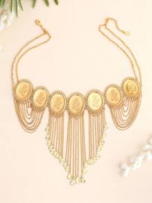 1pc Fashionable Layered Oval Pendant Engraved Flower Copper Coin Necklace For Women Birthday, 18K Gold Plated Brass Tassels Chain Necklace