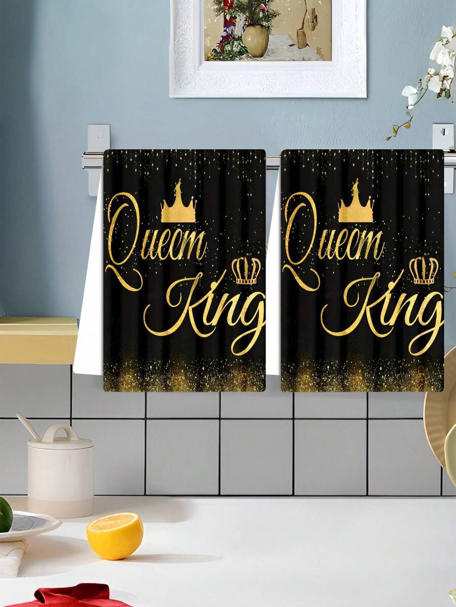 1 chiếc khăn lau bát đĩa Black Crown, khăn lau bếp thấm hút họa tiết hoạt hình trang trí, khăn lau bát đĩa, khăn lau tay, khăn lau trà - vương miện vàng - Xem 1
