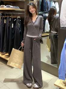 Traje deportivo casual y a la moda para mujer, pantalones de pierna ancha sueltos, elegantes y delgados, chill top y pantalones con capucha para otoño e invierno, textura suave y cómoda, tops transpirables de tallas grandes, adecuados para fiestas, Navidad, reuniones, deportes, jogging, ejercicio, golf y ropa diaria de trabajo. - Gris Oscuro - Ver 5