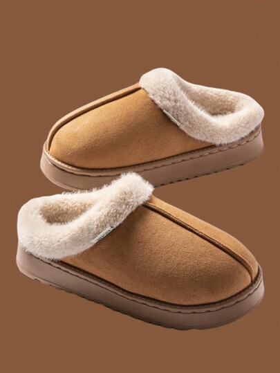 Botín de mujer tipo pantufla esponjosa color caqui, pantuflas cálidas y acogedoras con forro y cuello de peluche mullido, suela engrosada antideslizante, zapatos unisex para usar en interiores y exteriores