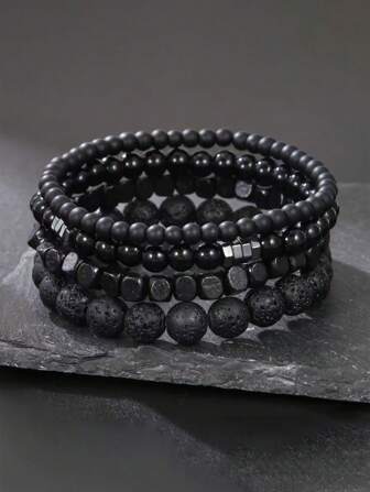 2pcs/Set Or 4pcs/Set Vintage Unusual Matte Lava Rock & Wooden Beads With Spacer Elastic Bracelet