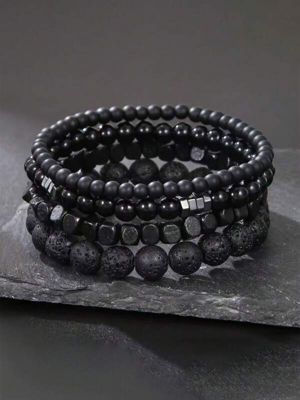2pcs/Set Or 4pcs/Set Vintage Unusual Matte Lava Rock & Wooden Beads With Spacer Elastic Bracelet