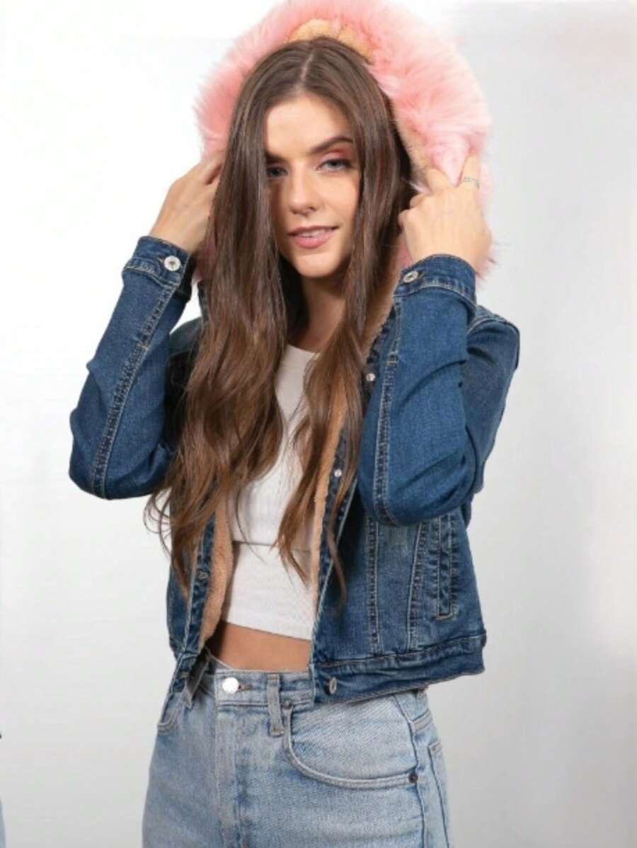 Denim Jacket With Detachable Plush, Plush Inside. - Medium Wash - View 1