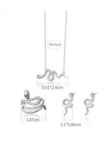 1 Set Includes: 1 Pair Earrings + 1 Necklace + 1 Ring. 925 Sterling Silver Minimalist Jewelry Set, Sparkling Cubic Zirconia Inlaid, Snake Design, Suitable For Daily Wear And Party Accessories, Gift For Women