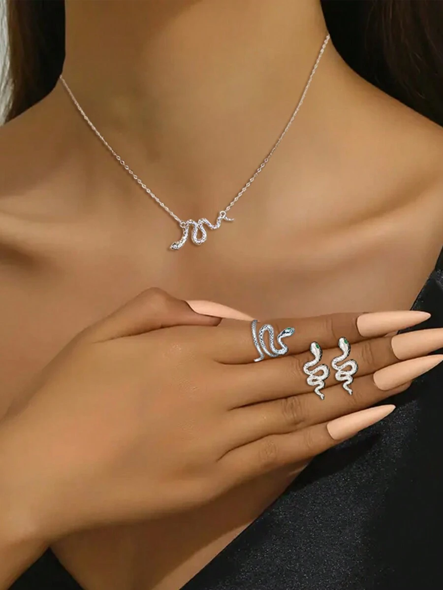 1 Set Includes: 1 Pair Earrings + 1 Necklace + 1 Ring. 925 Sterling Silver Minimalist Jewelry Set, Sparkling Cubic Zirconia Inlaid, Snake Design, Suitable For Daily Wear And Party Accessories, Gift For Women