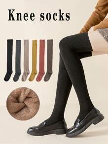 1 双女士加厚羊毛过膝袜，秋冬保暖长筒袜，JK 款户外购物袜，及大腿，压缩腿套 - 彩色 - 查看 1
