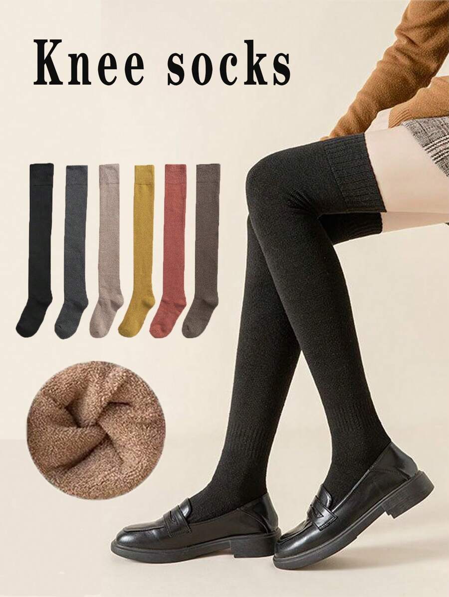 1 双女士加厚羊毛过膝袜，秋冬保暖长筒袜，JK 款户外购物袜，及大腿，压缩腿套 - 彩色 - 查看 1