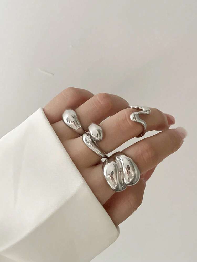 Bộ 4 chiếc/bộ nhẫn hở hình học tròn thời trang cổ điển nhẫn bất đối xứng hình học nhẫn hở hình tròn bộ trang sức quyến rũ quà tặng lễ hội thích hợp cho tiệc tùng và đeo hàng ngày - Bạc - Xem 6