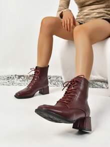 Women's Pointed Toe Lace-Up Mid-Calf Boots, Run Small By One Size - Burgundy - View 3