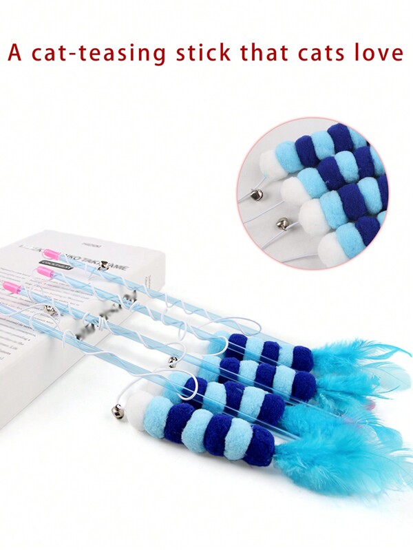 قطعة واحدة عصا مداعبة بشكل قطة زرقاء، ألعاب للقطط تفاعلية وممتعة، لعبة داخلية مناسبة للقطط، اكسسوارات لحيوانات الأليفة، الكرة والقضيب بألوان عشوائية
