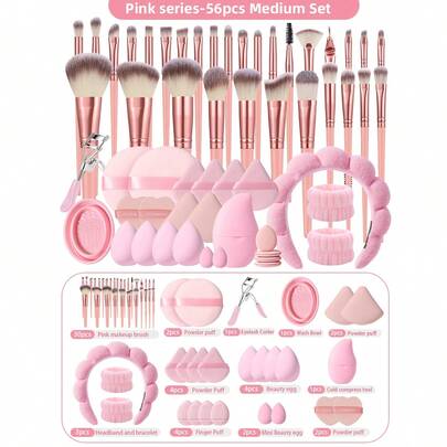 56pcs Makeup Brush Set, Includes Eye Shadow Brush, Eyebrow Brush, Foundation Brush, Powder Brush, Blush Brush, Concealer Brush And Highlighter Brush, Made Of Ultra-Soft Premium Synthetic Hair, Suitable For Daily Facial Makeup,Giveaways,Professional Makeup Brushes,Complete Makeup Set