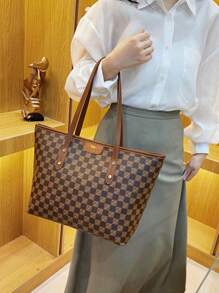 Túi Tote Dung Tích Lớn Thời Trang Cho Nữ - Túi Đeo Vai & Túi Xách Đa Năng Có Khóa Kéo, Chất Liệu PU Bền - màu nâu - Xem 3